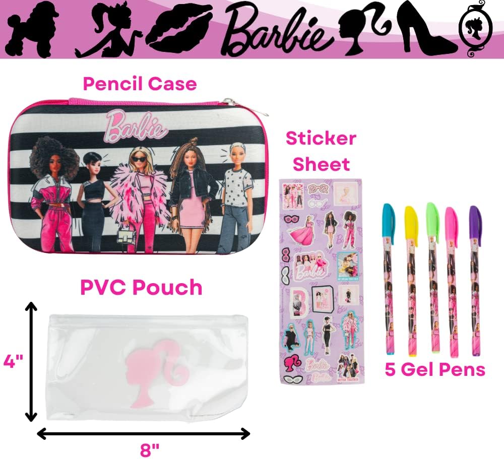 Barbie Pencil Case Set with Stickers and Gel Pens for Kids, Molded with Zip Closure, Pink