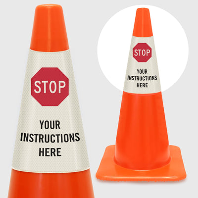 Custom STOP Cone Message Sleeve, Prismatic Reflective Vinyl Cone Collar for Safety/Traffic Cone, 3-Side Printing