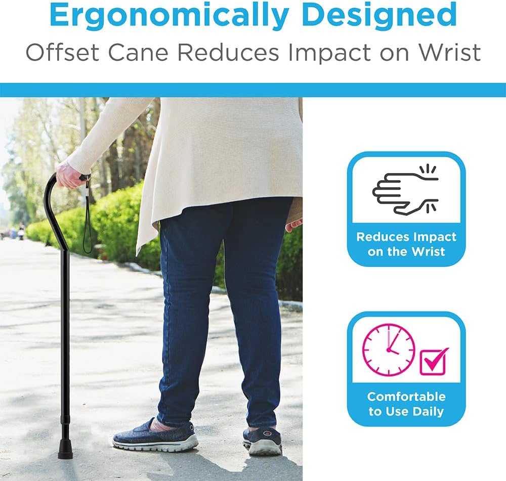 Offset Walking Cane for Seniors, Men & Women – Lightweight Adjustable Walking Cane with Soft Foam Grip, Wrist Strap