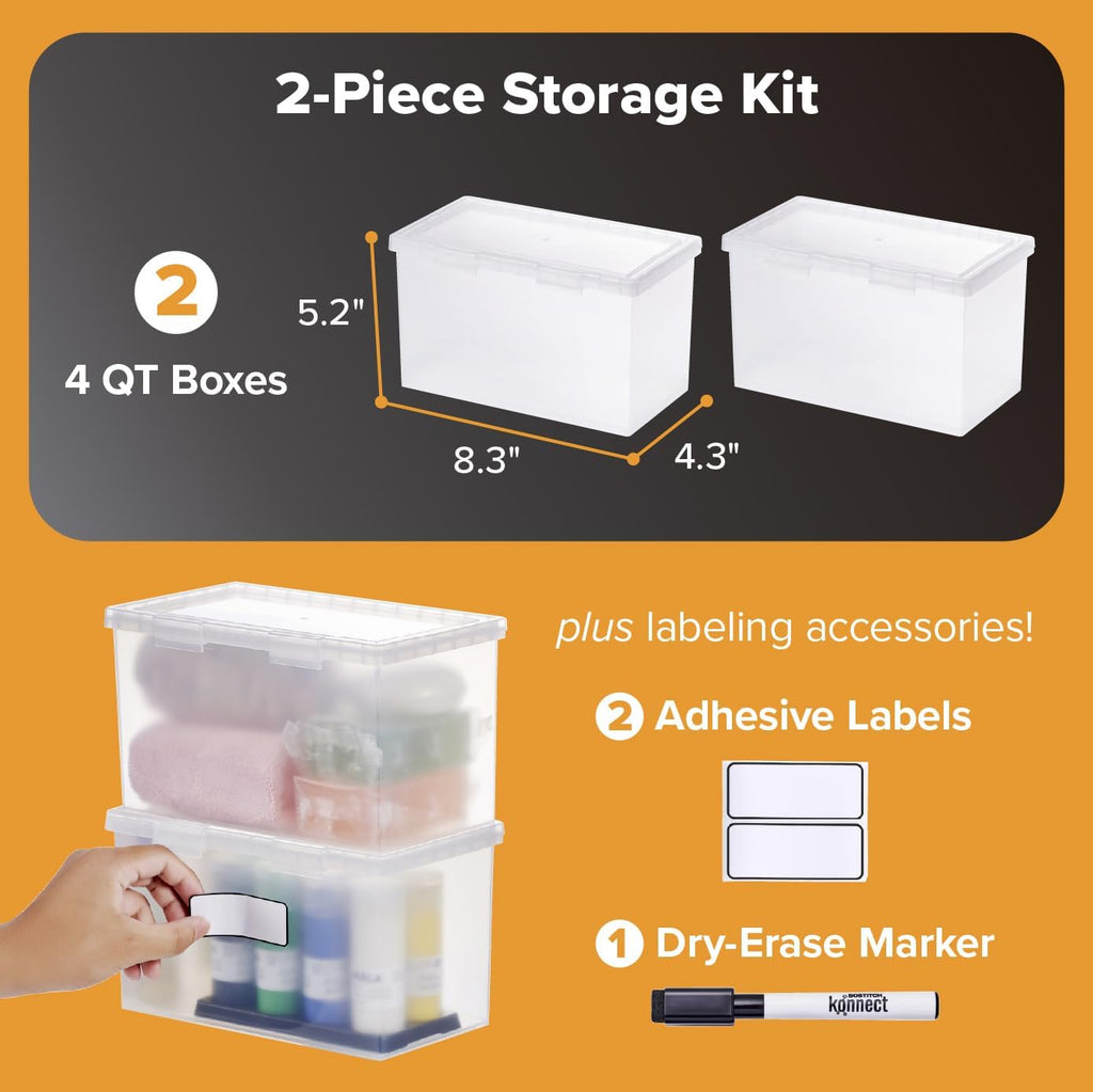 Konnect Storage Containers with Lids, Office Organizer, Clear Plastic Box, Desk and Home Organizer, Labels, 4 Qt, 2 Pack