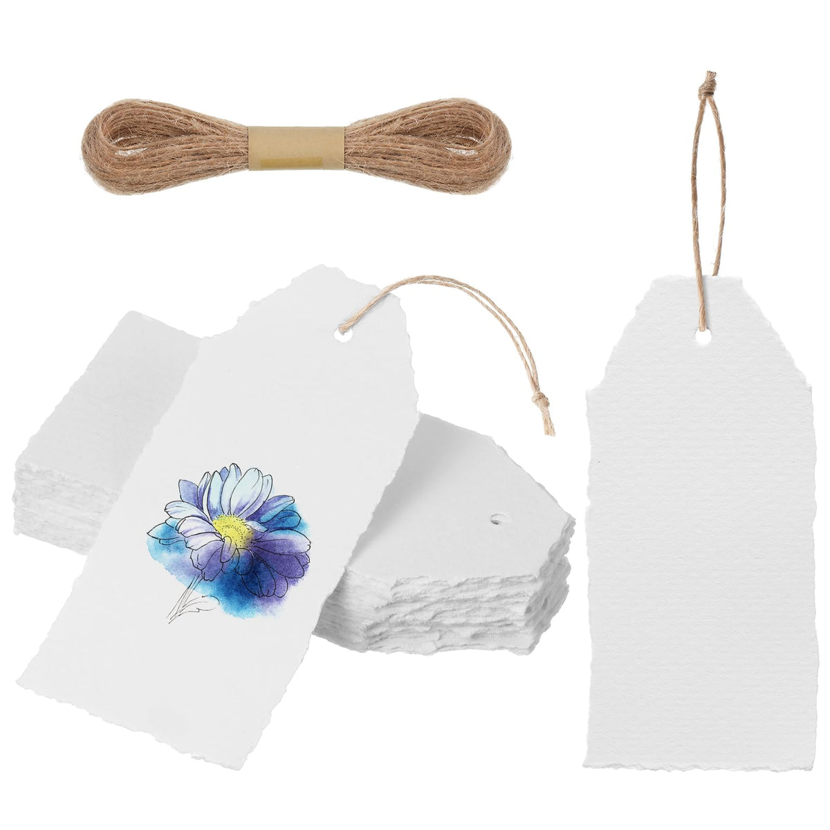 50 Pack Handmade Vintage Deckle Edge Tag with String White