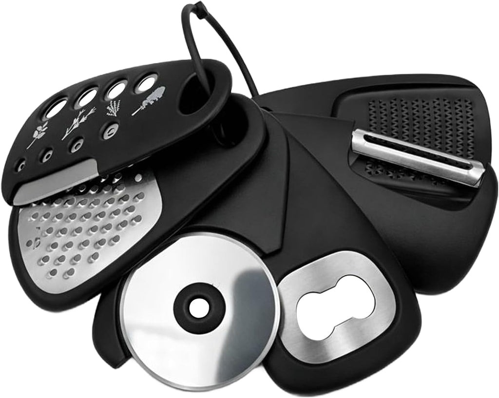 6-Piece Unique Kitchen Gadget Set in Black, Stackable Space-Saving Tools Including Grater, Peeler, Pizza Cutter, and