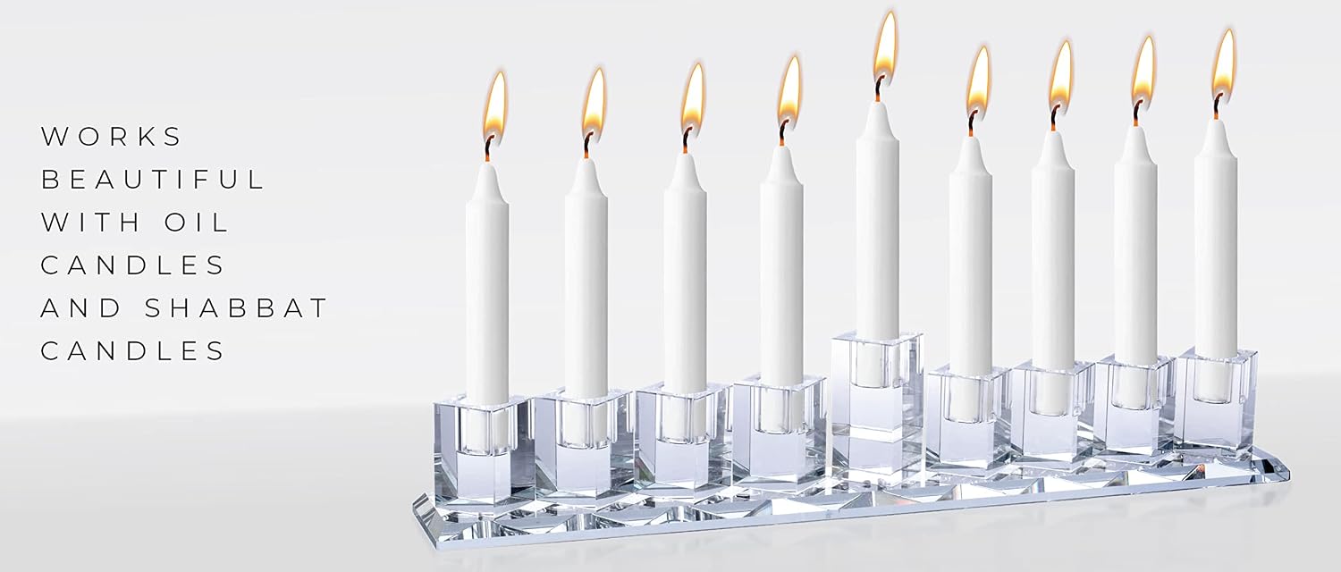 Crystal Glass Hanukkah Menorah, Modern Style Oil and Candle Menorah for Chanukah, Fits Standard Chanukah Oil Cups and