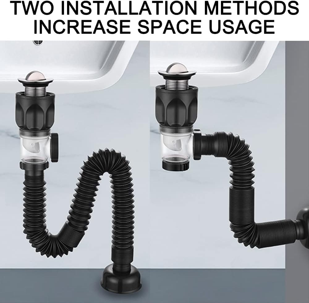 Bathroom Sink Drain Kit with Flexible P-Trap Pipe Bathroom Sink Drain Pipe | for 1-1/4" and 1-1/2" Hole, No Leakage
