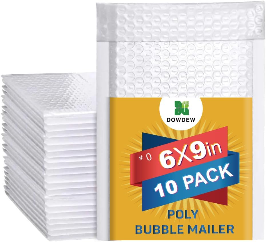 Water Resistant Bubble Envelope Mailers [10 Pack] 6 inch x 9 inch #0 White Poly Padded Shipping Envelopes Self