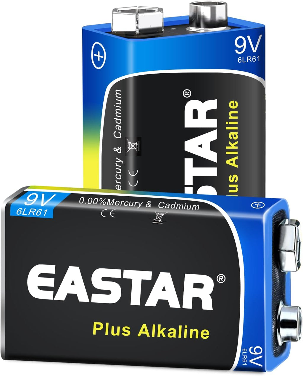 9V Batteries 2-Pack, Alkaline 9 Volt Battery with Long-Lasting Power, 10-Year Shelf Life 6LR61 Square Battery for