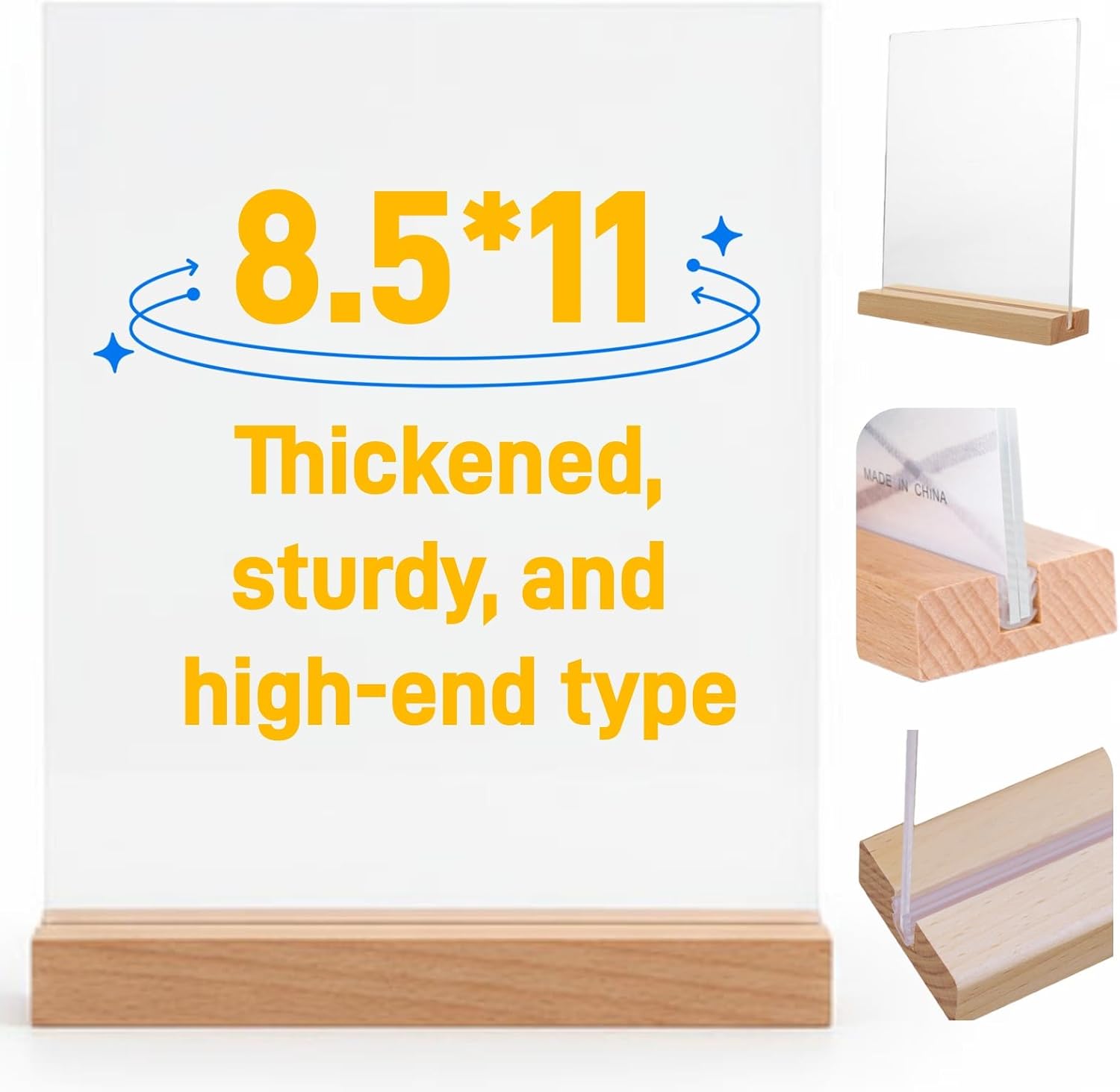 Acrylic Sign Holder 8.5x11 Inch with Solid Wood Base - Thick & Stable Clear Menu Stand for Restaurant, Table, Desk