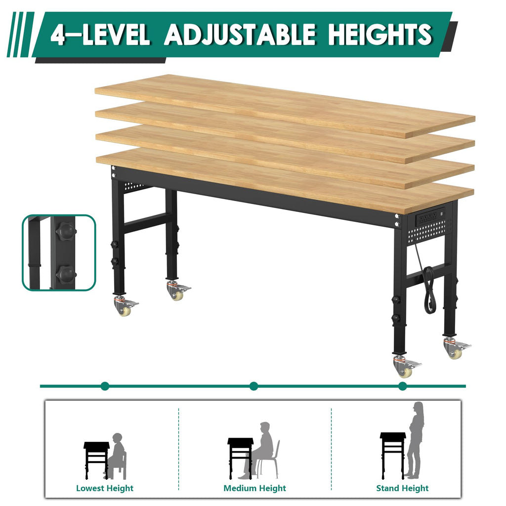 Adjustable Heavy Duty Workbench with Wheels，Rubber Wood Top Working Table, 2500 LBS Load Capacity with for Workshop