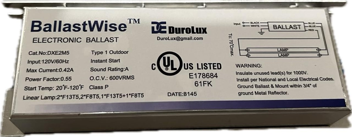 BalastWise Electronic Ballast, Type DXE2M5, Input 120V/60Hz, 0.55A, 20-115F
