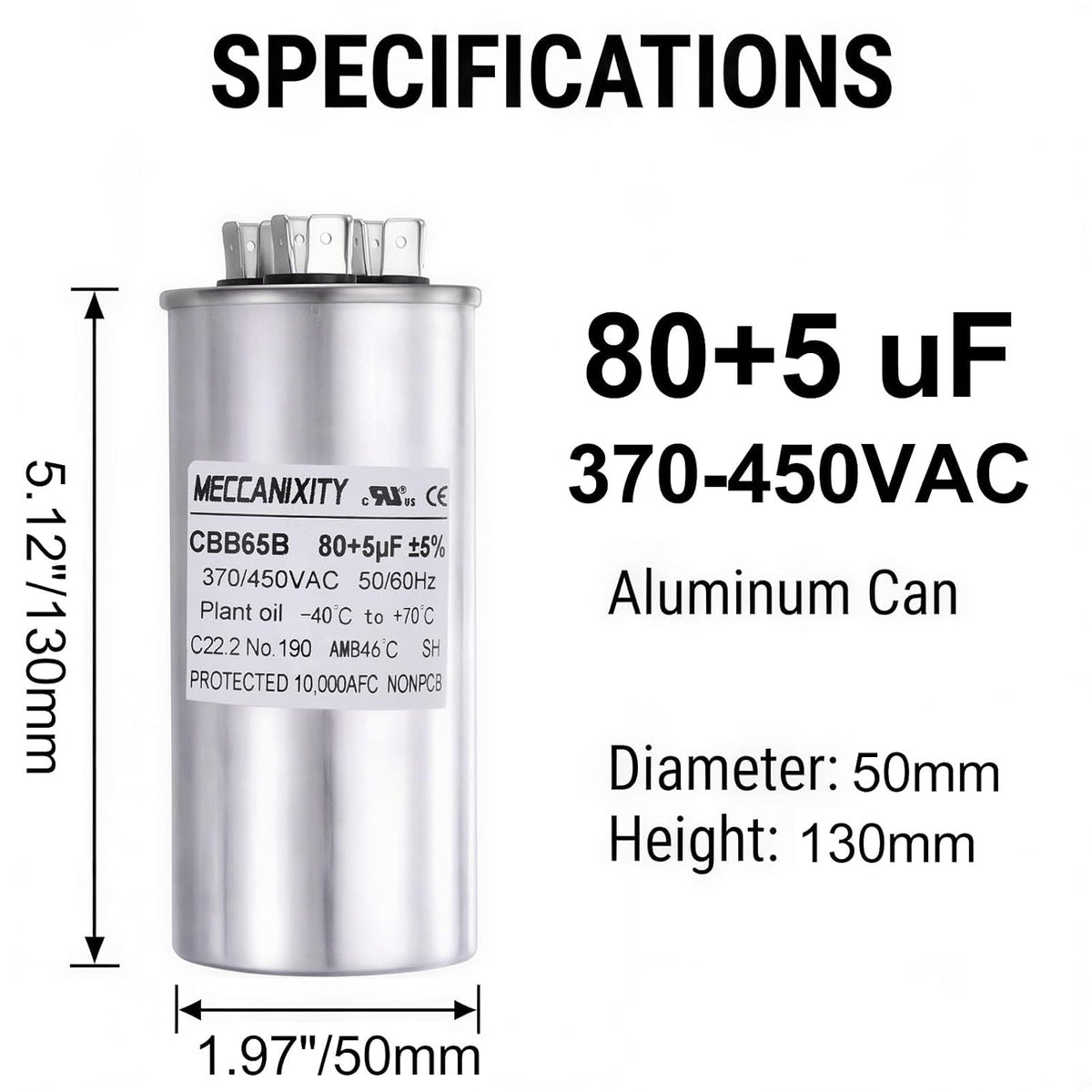 MECCANIXITY CBB65 Dual Run Start Capacitor 80+5UF 80/5MFD 2Set 5.12"x2.36"