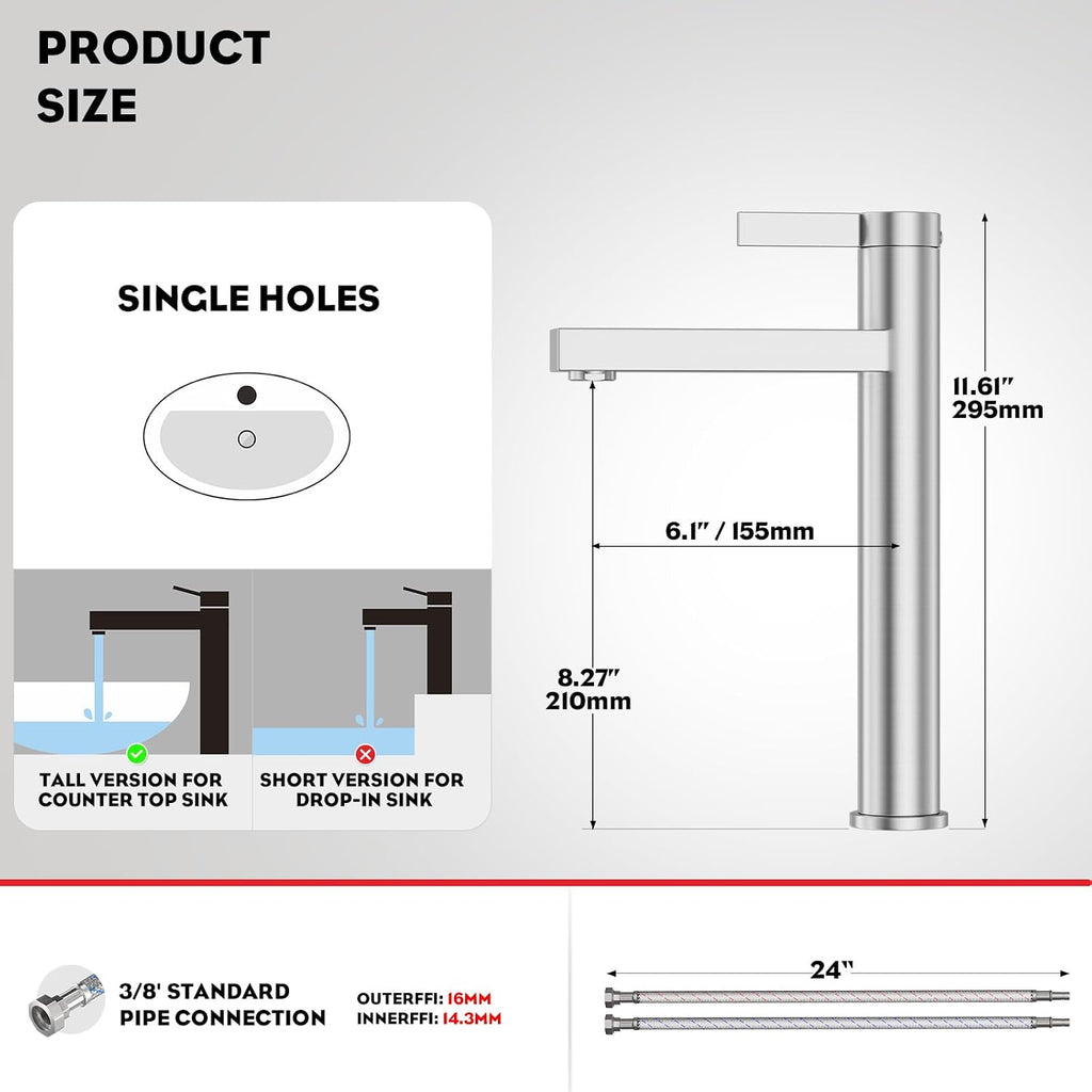 Brushed Nickel Tall Bathroom Vessel Sink Faucet, Single Hole Single Handle Modern Above Counter Sink Bathroom Faucet