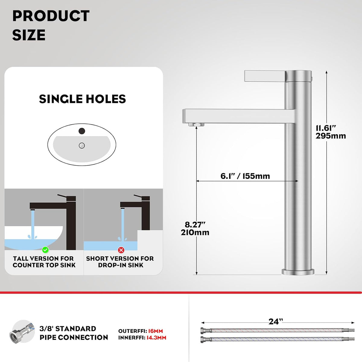 Brushed Nickel Tall Bathroom Vessel Sink Faucet, Single Hole Single Handle Modern Above Counter Sink Bathroom Faucet