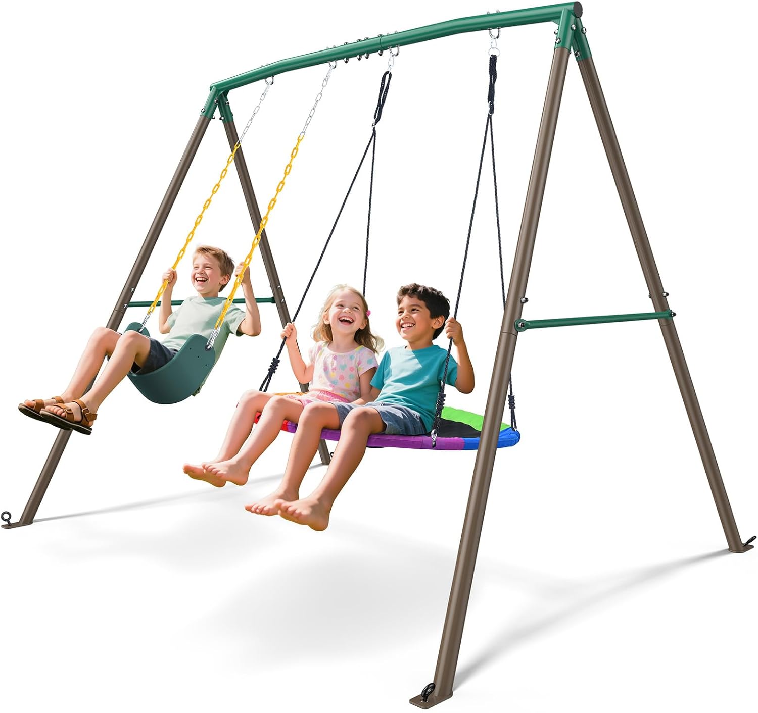 440lbs Swing Sets for Backyard - 2 Seat Outdoor Kids Playset with Saucer & Belt Swing, Heavy-Duty A-Frame Metal Stand