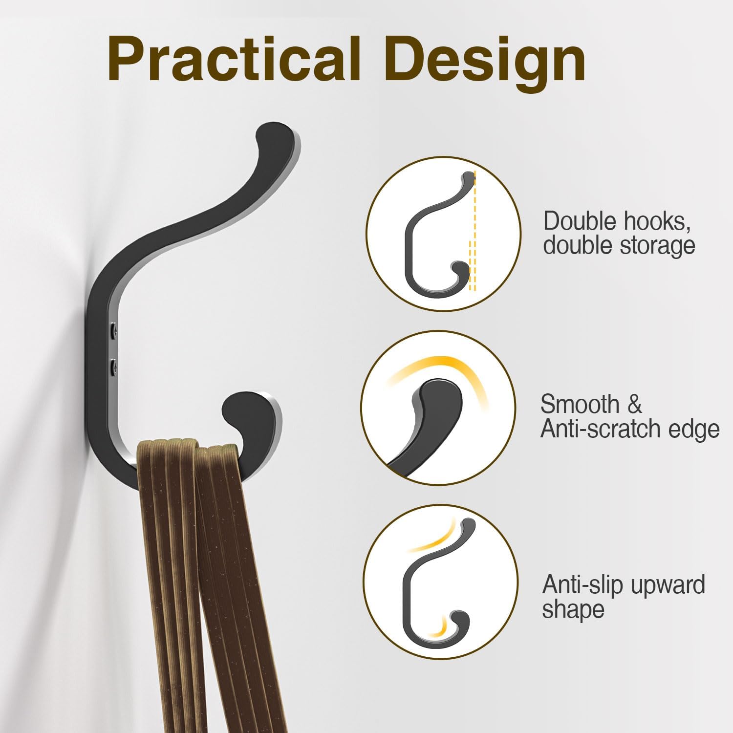 Coat Hooks Wall Mount for Hanging, Heavy Duty Backpack Hooks for Wall, Hold up to 30 lbs, Large Hanger Hooks for
