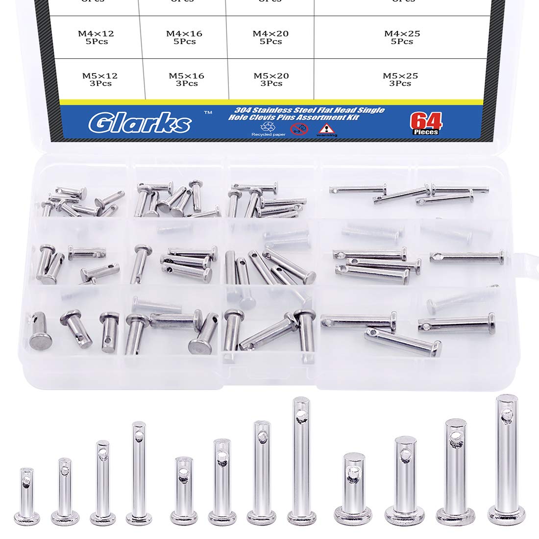 Glarks 64Pcs 12 Sizes 304 Stainless Steel Flat Head Single Hole Clevis Pins Assortment Kit