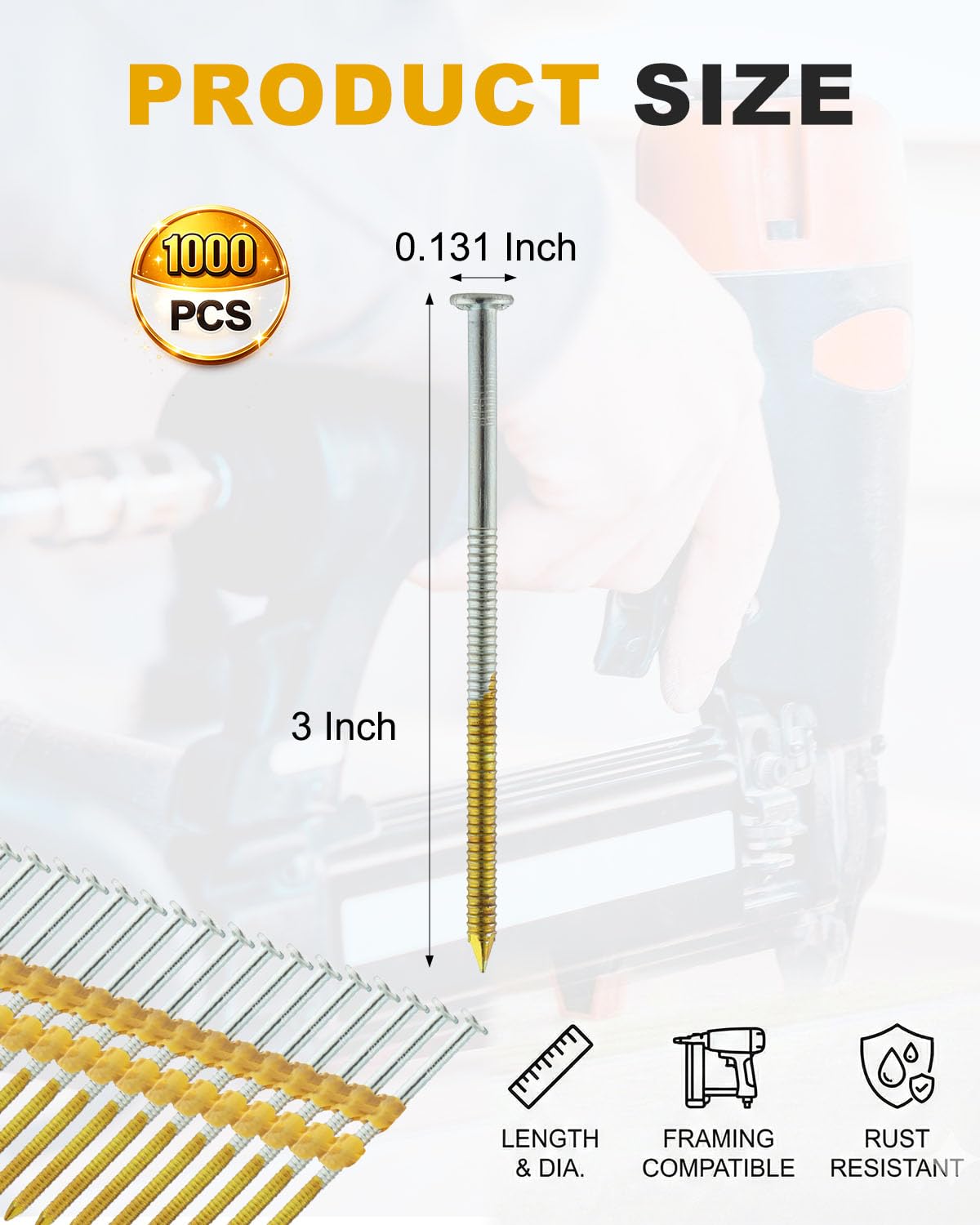 1000 Count Framing Nails, 3Inch x 0.131Inch 21 Degree Framing nails