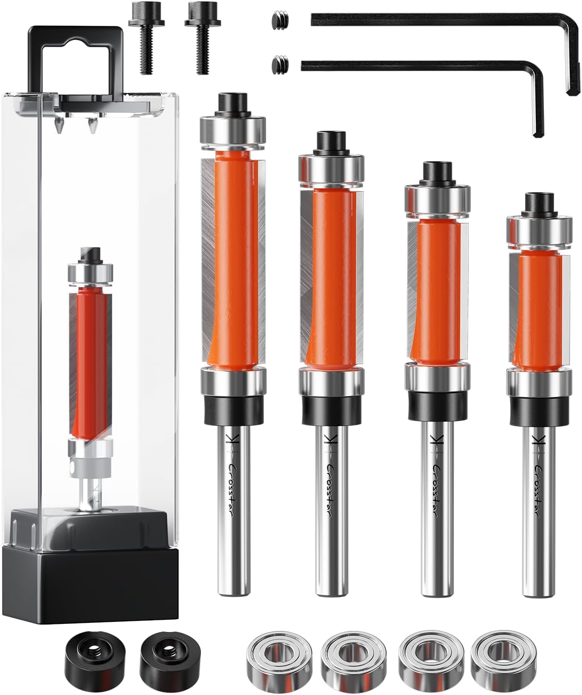 4Pcs Flush Trim Router Bit Set 1/4" Shank, Top & Bottom Bearing | Carbide Template Guide Bits for Woodworking - 1/2"