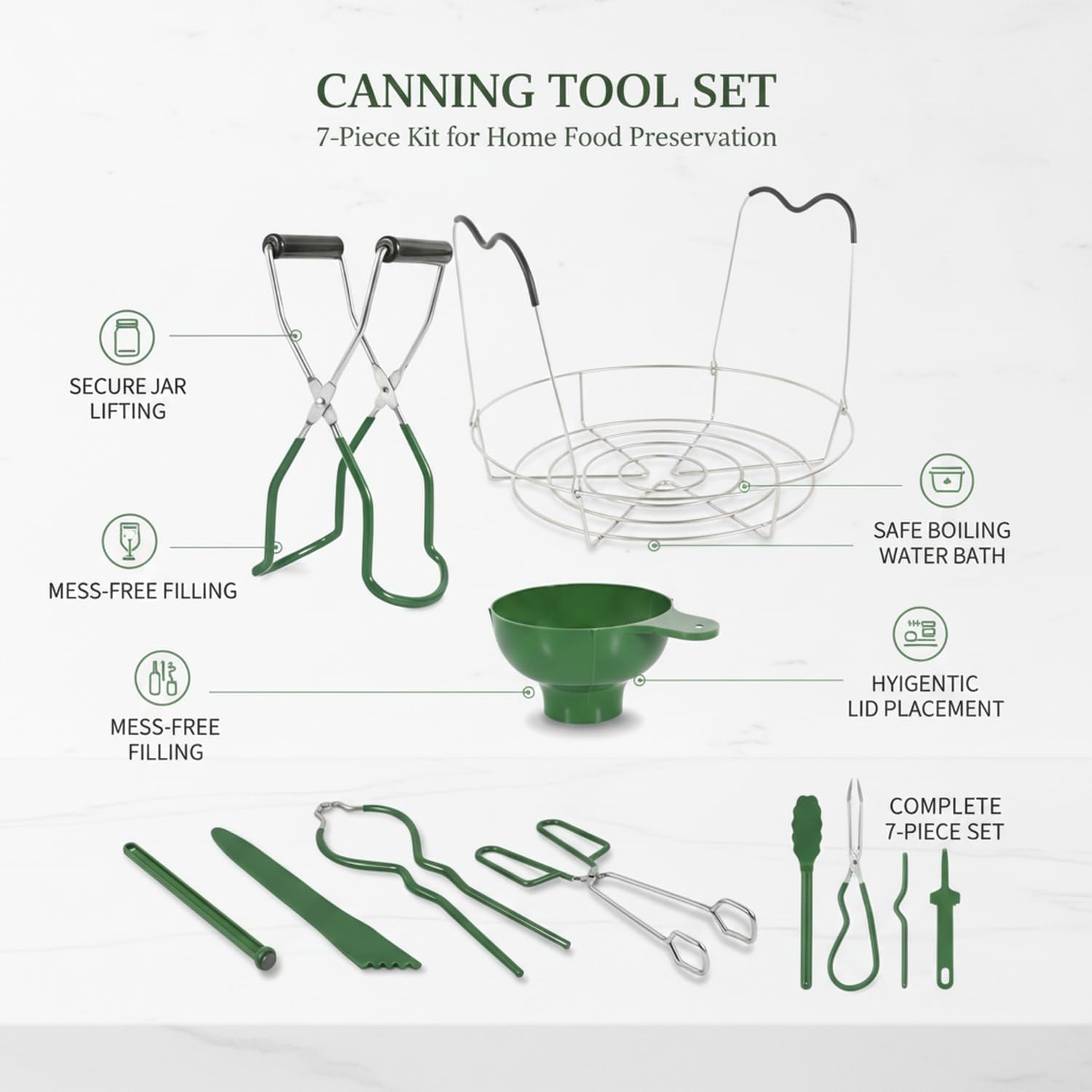 7-Piece Canning Tool Set for Home Food Preservation, PP Plastic Kit with Jar Lifter, Funnel, and Magnetic Lid Wand