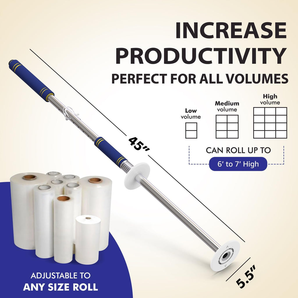 Heavy Duty Stretch Film Dispenser Pole Holder - Extra Long High Reaching Industrial Handle for Stretch Wrapping