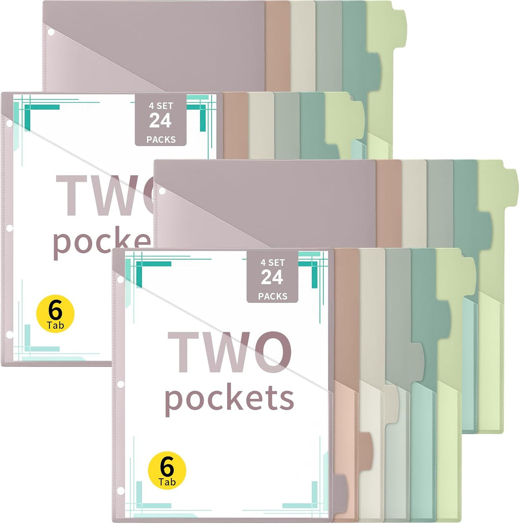 24 Pcs Binder Dividers for 3 Rings Binders Index Dividers with Two Clear Pockets Plastics Sheets Protectors with Tab