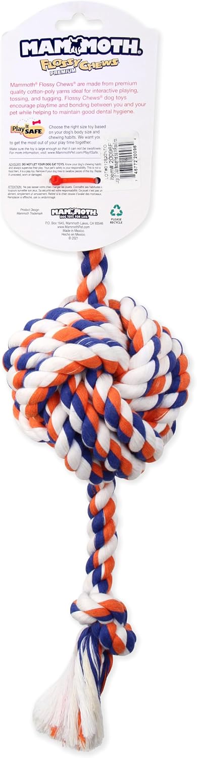 Flossy Chews Color Monkey Fist Ball with Rope Ends, Large, 18-Inch, multi (20096F)