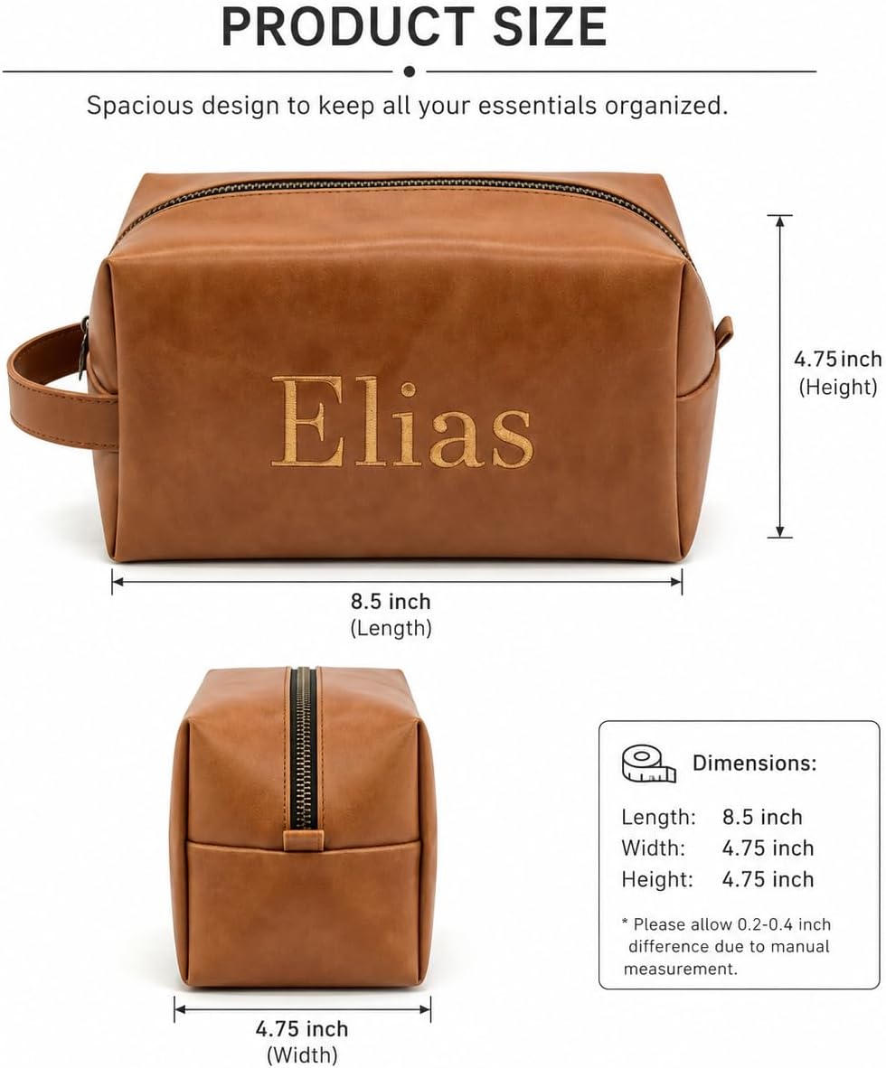 Custom Leather Toiletry Bag for Men Personalized Embroidered Dopp Kit Customize Name Travel Bag Gifts for Husband Dad