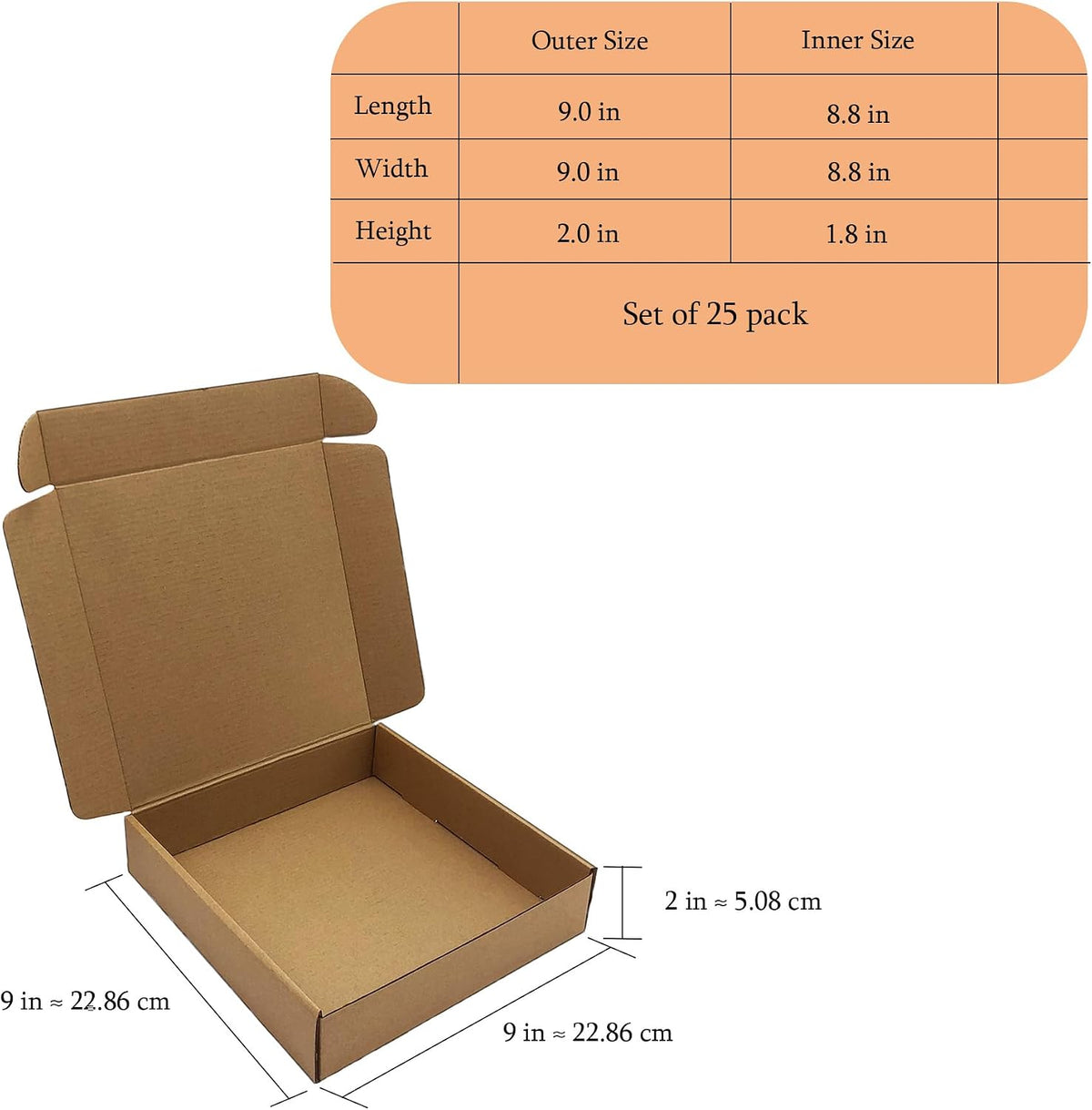 9x9x2 inches Shipping Boxes Set of 25, Brown Corrugated Packaging Mailers