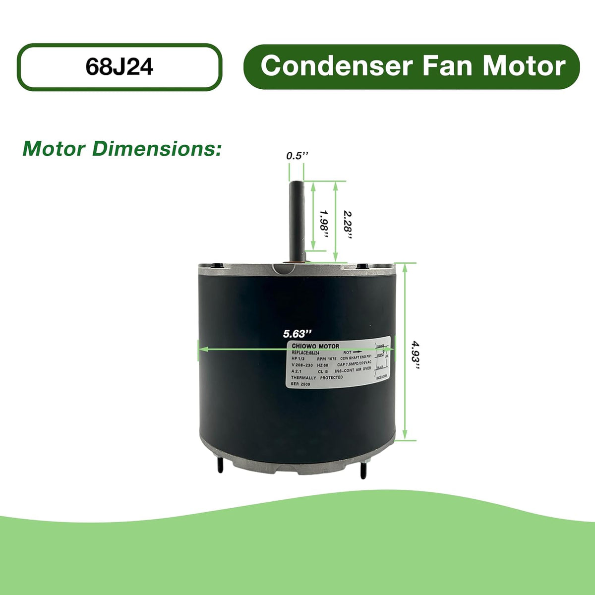 68J24 Condenser Fan Motor 1/3 HP 208-230V 2.1A 1075 RPM