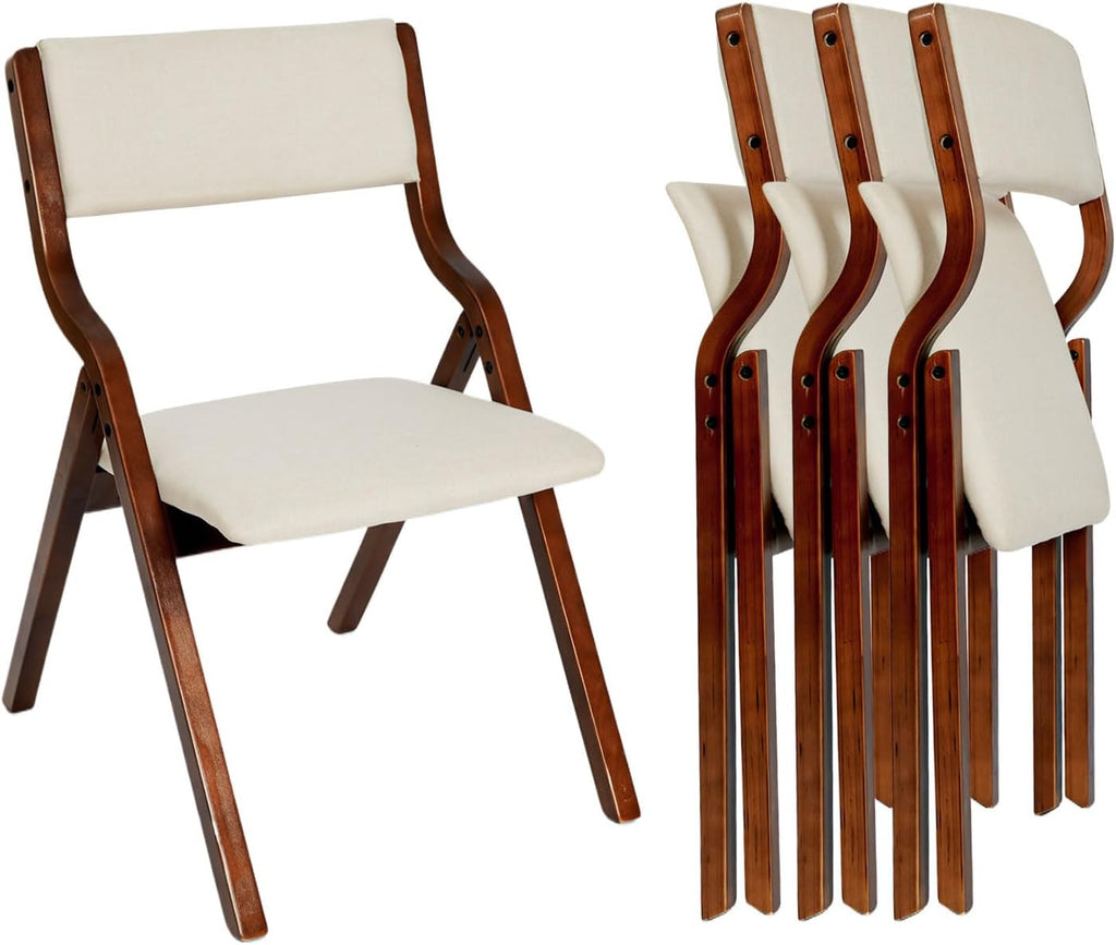 Stackable Foldable Chairs Set of 4, Fully Assembled Padded Fabric Upholstered Seat with Solid Wood Frame, for