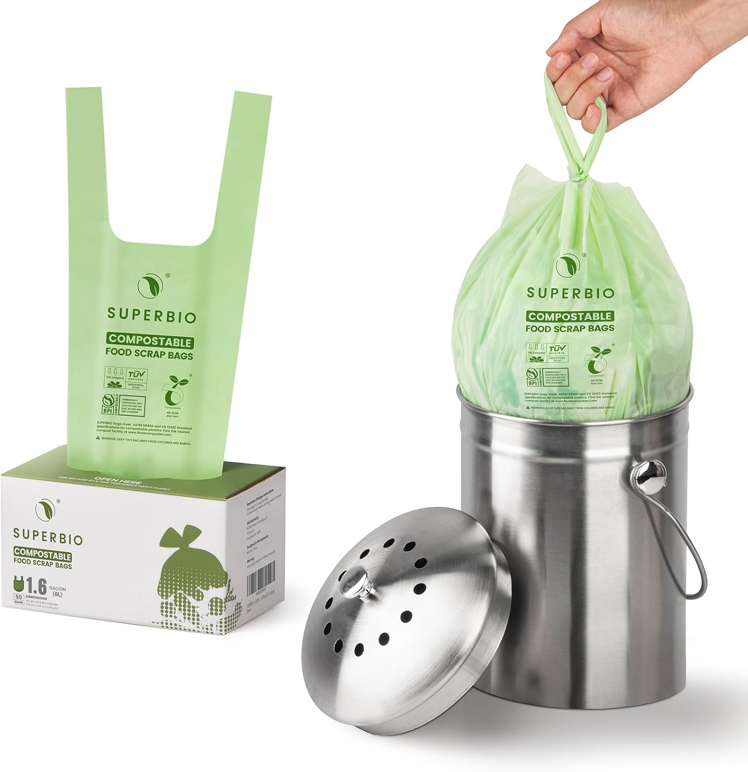 1.6 Gallon Handle Tie Compostable Food Scrap Bags For Counter Top Compost Bin, Small Compost Bags, 50 Count, 6 Liter