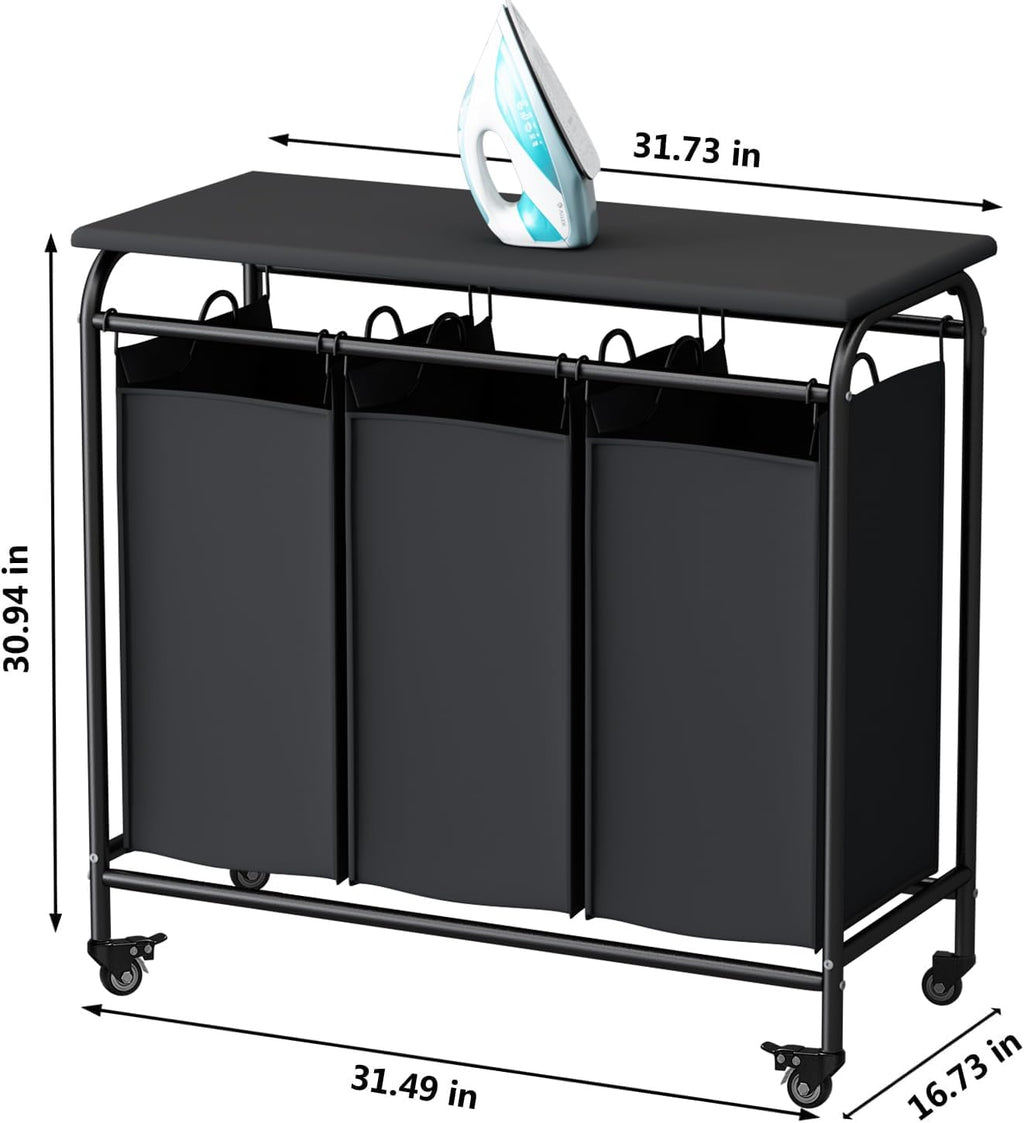 3-Bag Laundry Hamper with Ironing Board, Black 135L Laundry Sorter | Laundry Room Organization with Heavy Duty