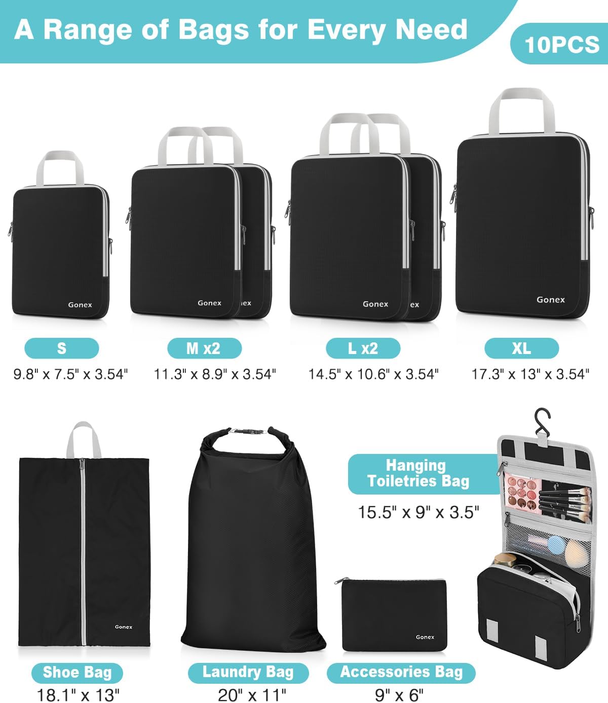 10-Piece Compression Packing Cubes with Travel Organizer Set | Expandable Design, Hanging Toiletry Bag, Laundry Bag