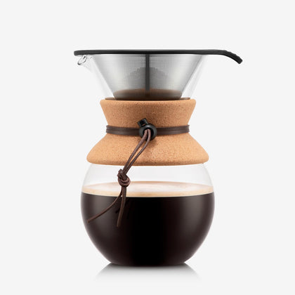 34oz Pour Over Coffee Maker, High-Heat Borosilicate Glass with Reusable Stainless Steel Filter and Cork Grip - Made
