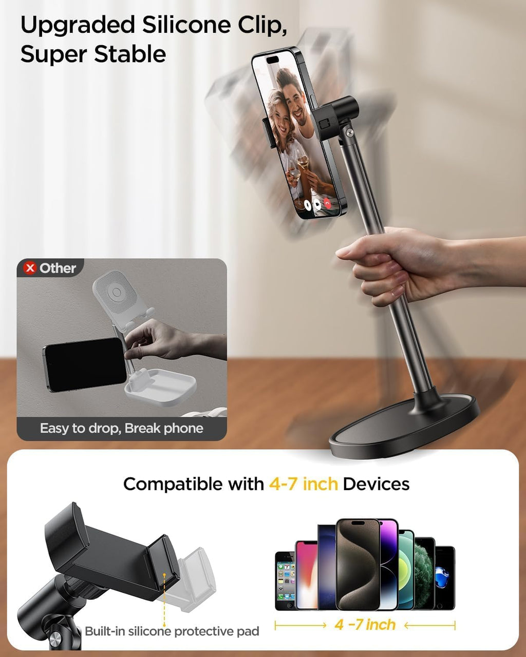 Phone Stand for Desk, Angle Height Adjustable Phone Holder for Desk, Aluminum Alloy Universal iPhone Holder