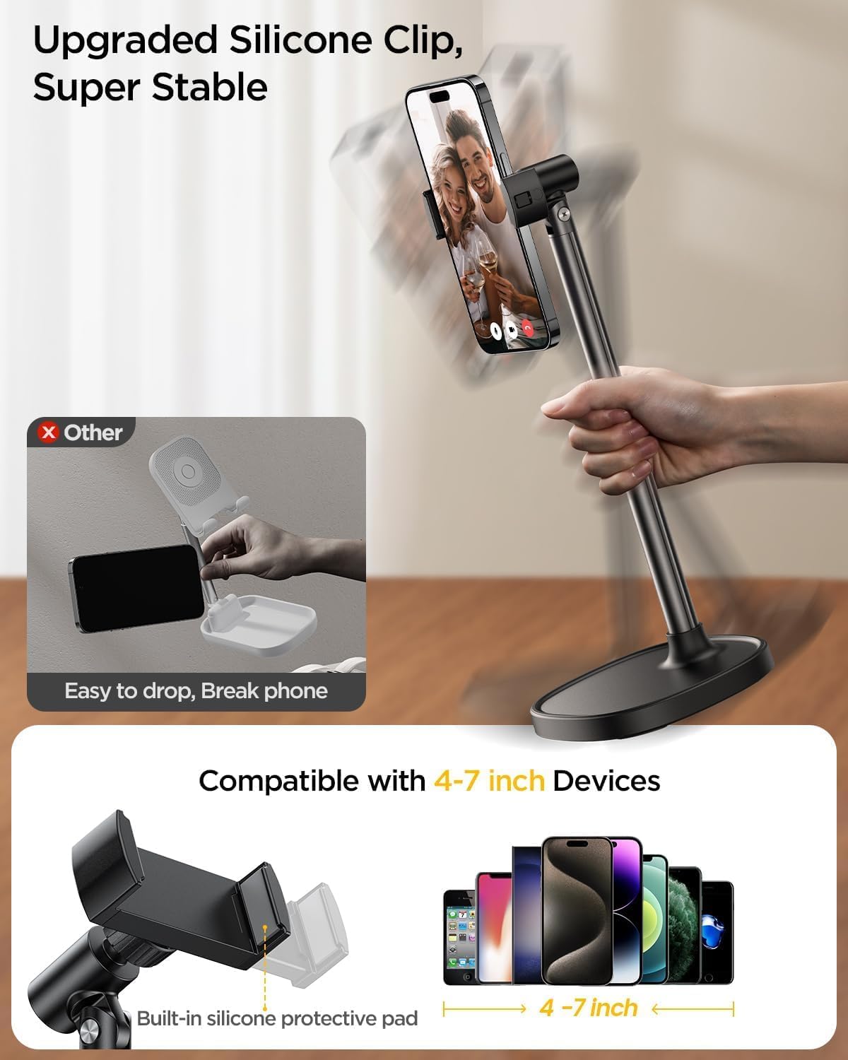 Phone Stand for Desk, Angle Height Adjustable Phone Holder for Desk, Aluminum Alloy Universal iPhone Holder