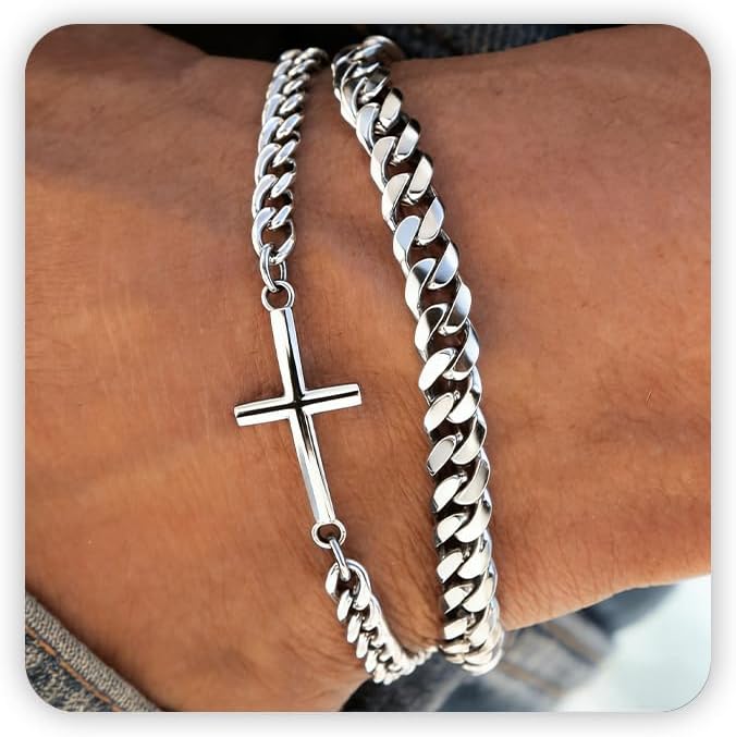 Cross Bracelet for Men, Silver/Gold/Black Mens Cross Bracelets Stack Stainless Steel Cuban Link Chain Bracelet Set