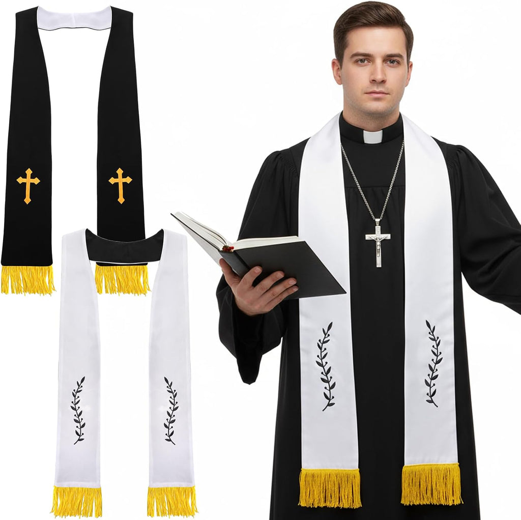 1 Pack Wedding Reversible Stole with Tassels, 75 Inch Clergy Mass Stoles with Cross, White Embroidered Priest Sash