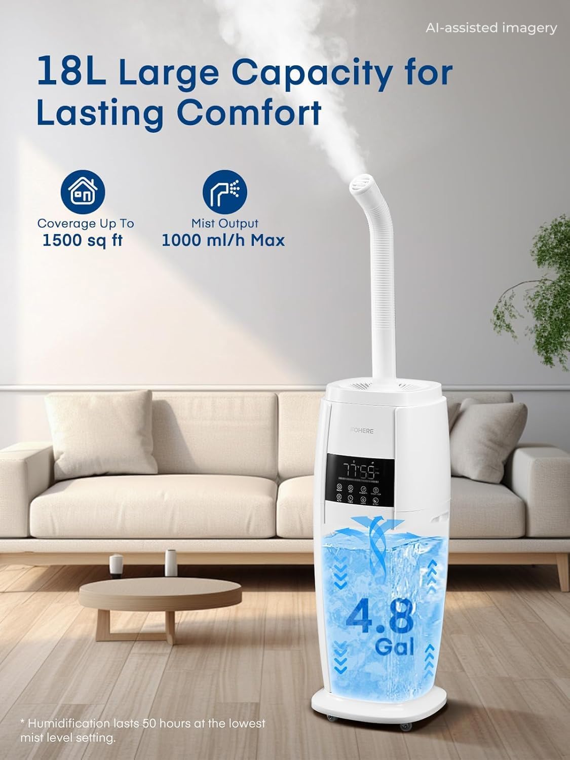 18L Humidifier Large Room, 1300mL/H Triple Mist, Up to 1500 Sq.Ft | Whole House Humidifier with Top-Fill, Smart