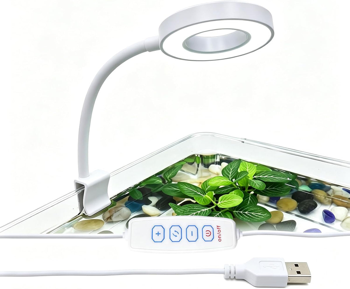 Small Aquarium Light Clip on Fish Tank Light LED USB Full Spectrum Light with Dimmer Multi-Color White+Blue+Red for