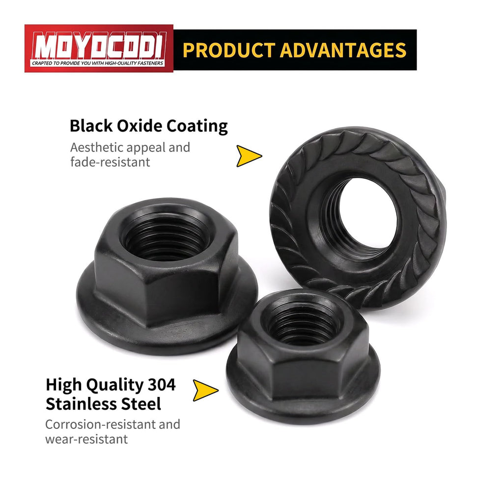 M10 (10 Pack) Flange Nuts Serrated Flange Hex Lock Nuts, Black Oxide Stainless Steel 18-8 (304), Bright Finish