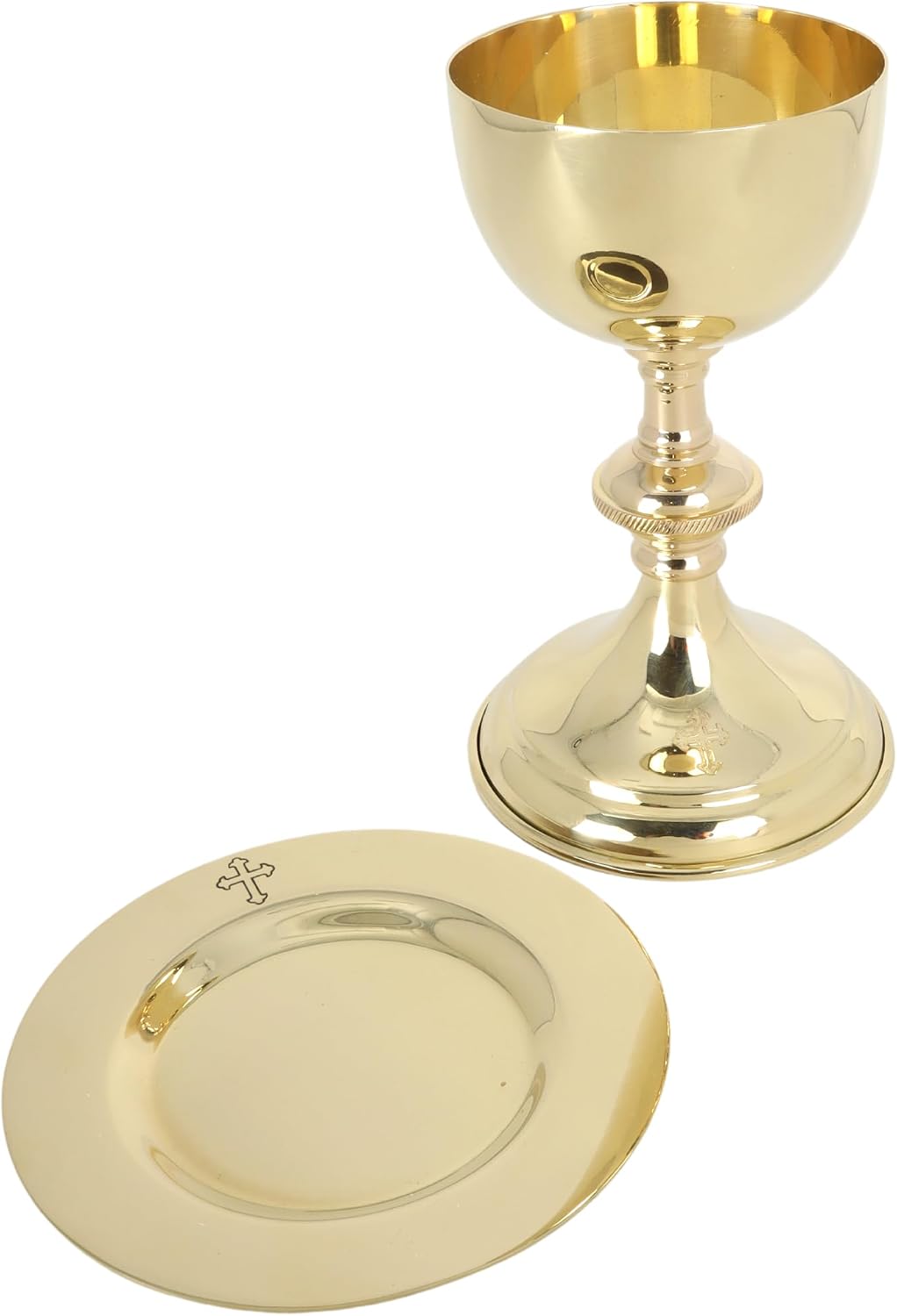 Small Brass Chalice and Paten Set, Religious Sacramental Cup with Dish for Church Communion, 6 by 3.75 Inch Goblet