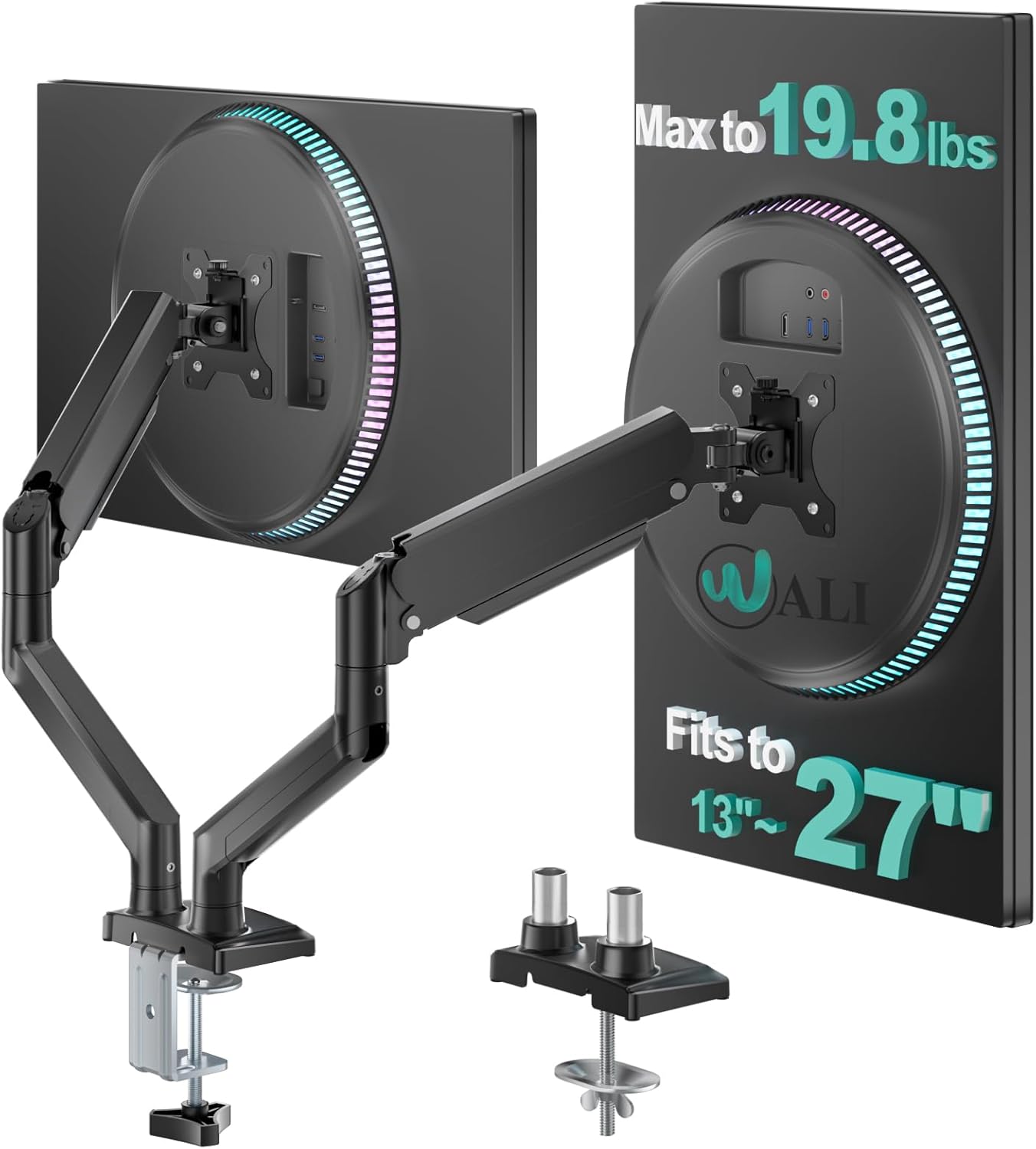 Adjustable Dual Monitor Arm for 13-27 inch Screens, 19.8 lbs per Arm | Dual Monitor Desk Mount, Full Motion with