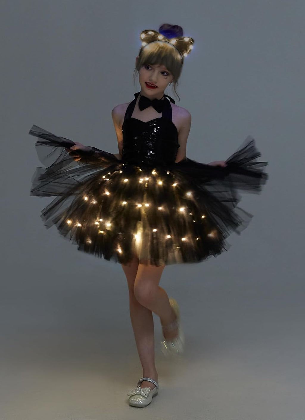 Girls Black Cat TuTu Tulle Dress Animals Cat Costumes LED Light Up Halloween Outfit Playwear With Tail Ear