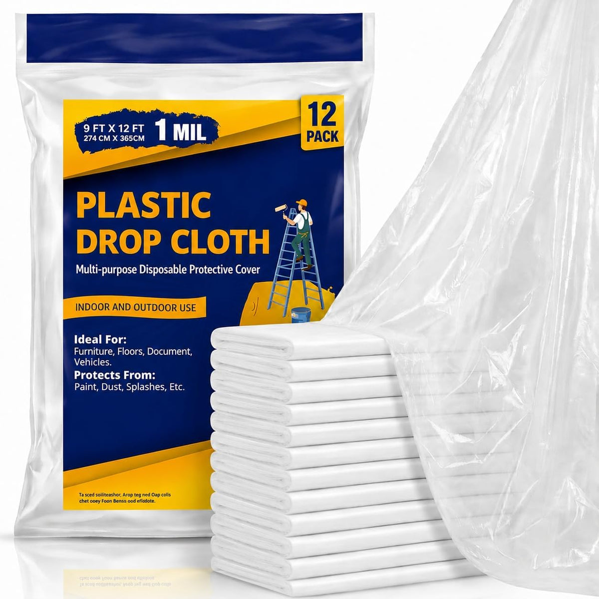 Drop Cloth Painters Plastic Sheeting - Plastic Drop Cloths for Painting, 9 x 12 Feet Paint Drop Cloth Tarp, Clear