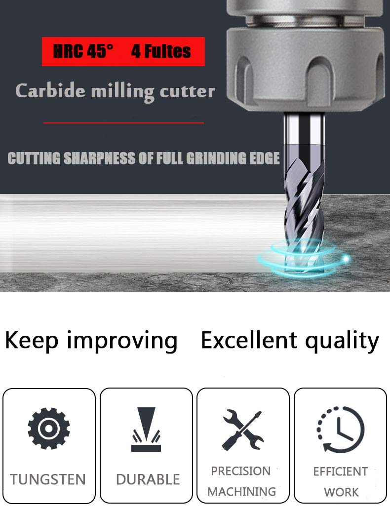 1/4" Carbide Square End Mill, HRC 45 Deg Single End 4 Flute AlTiN Coating Mill Bits