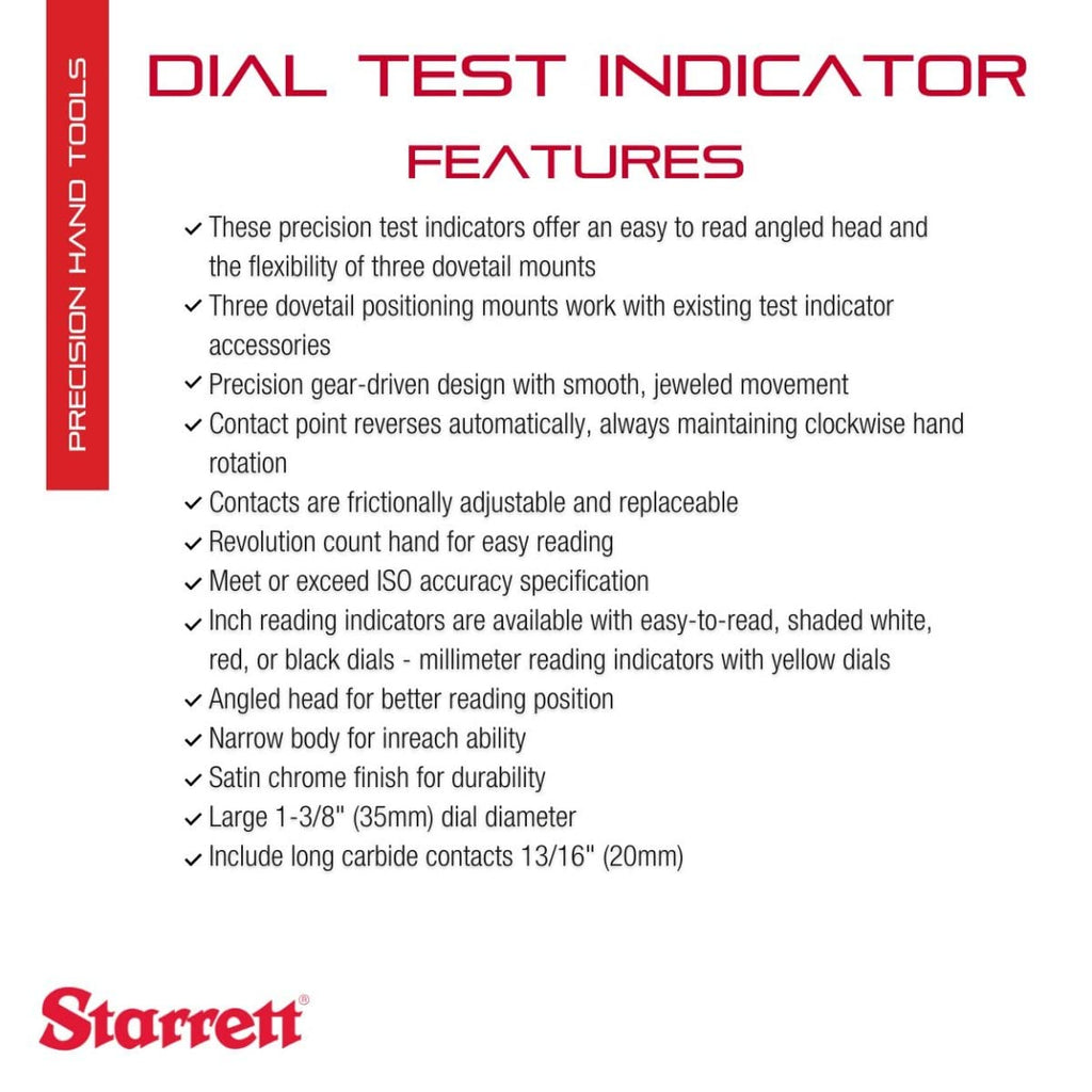 Starrett Dial Test Indicator, 1-3/8" Dia, .030" Range, .0005" Graduation