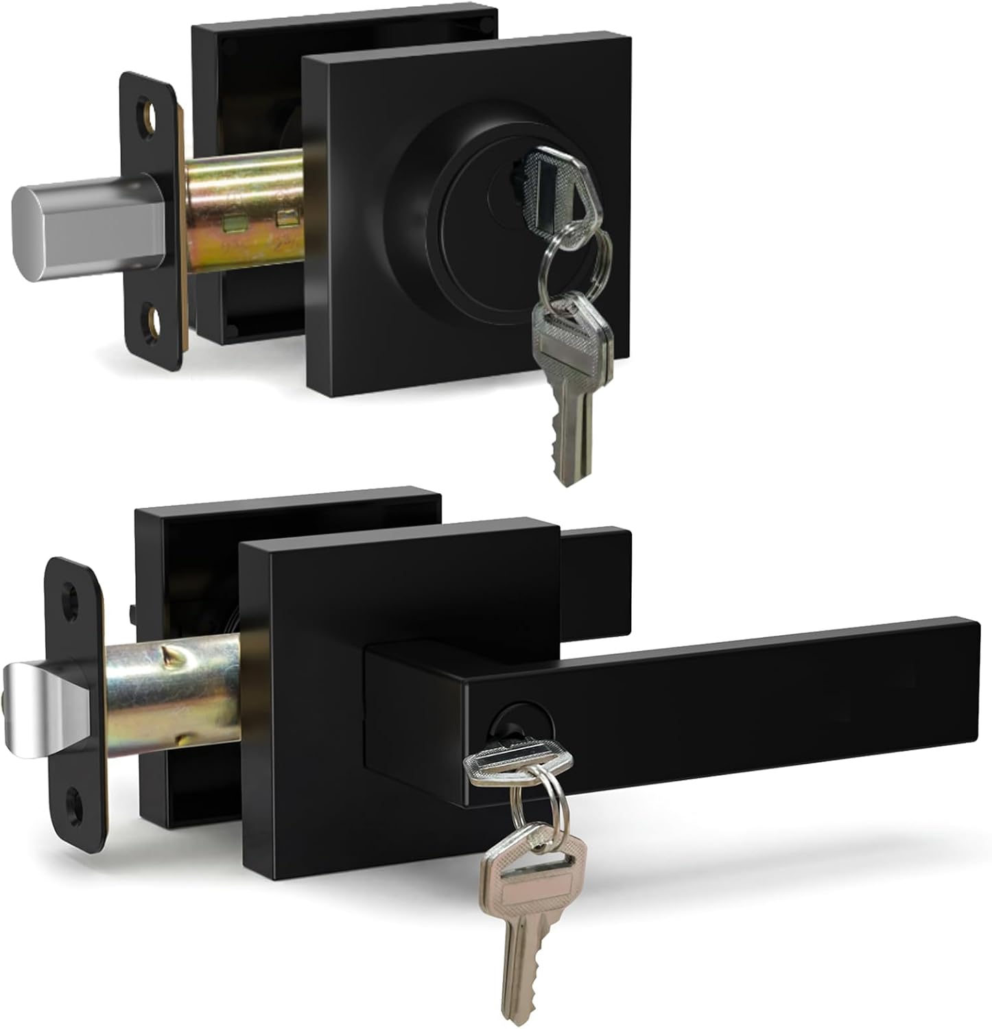 Front Door Lock Set Exterior Door Lock Set, Black Exterior Door Handle with Deadbolt - Keyed Alike Entry Door