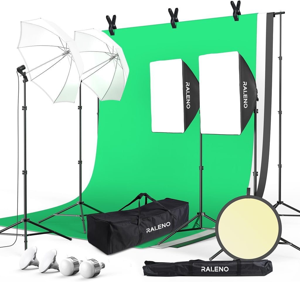 8.5x10ft Photography Lighting Kit with 6x9ft Green Screen Backdrops | LED Bulbs(50W | 5500K | CRI≥97), 6x9ft Green