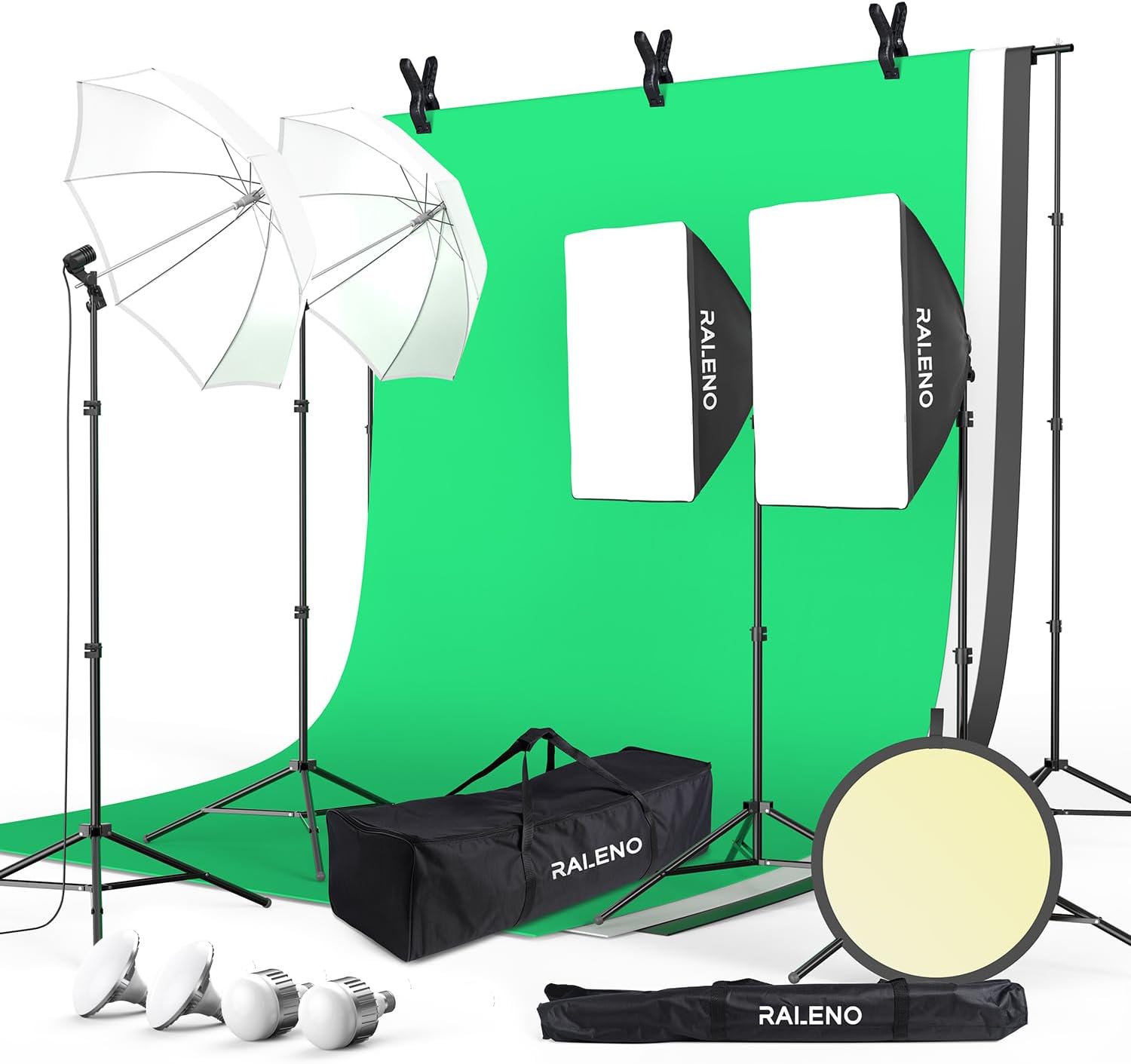 8.5x10ft Photography Lighting Kit with 6x9ft Green Screen Backdrops | LED Bulbs(50W | 5500K | CRI≥97), 6x9ft Green