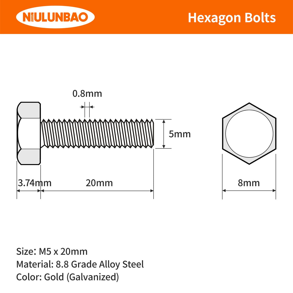 M5-0.8 x 20mm Heavy Duty Hexagon Bolts Hex Head Screws, 8.8 Grade Alloy Steel, Galvanized Finish, Metric Machine Fully Threaded, 50PCS